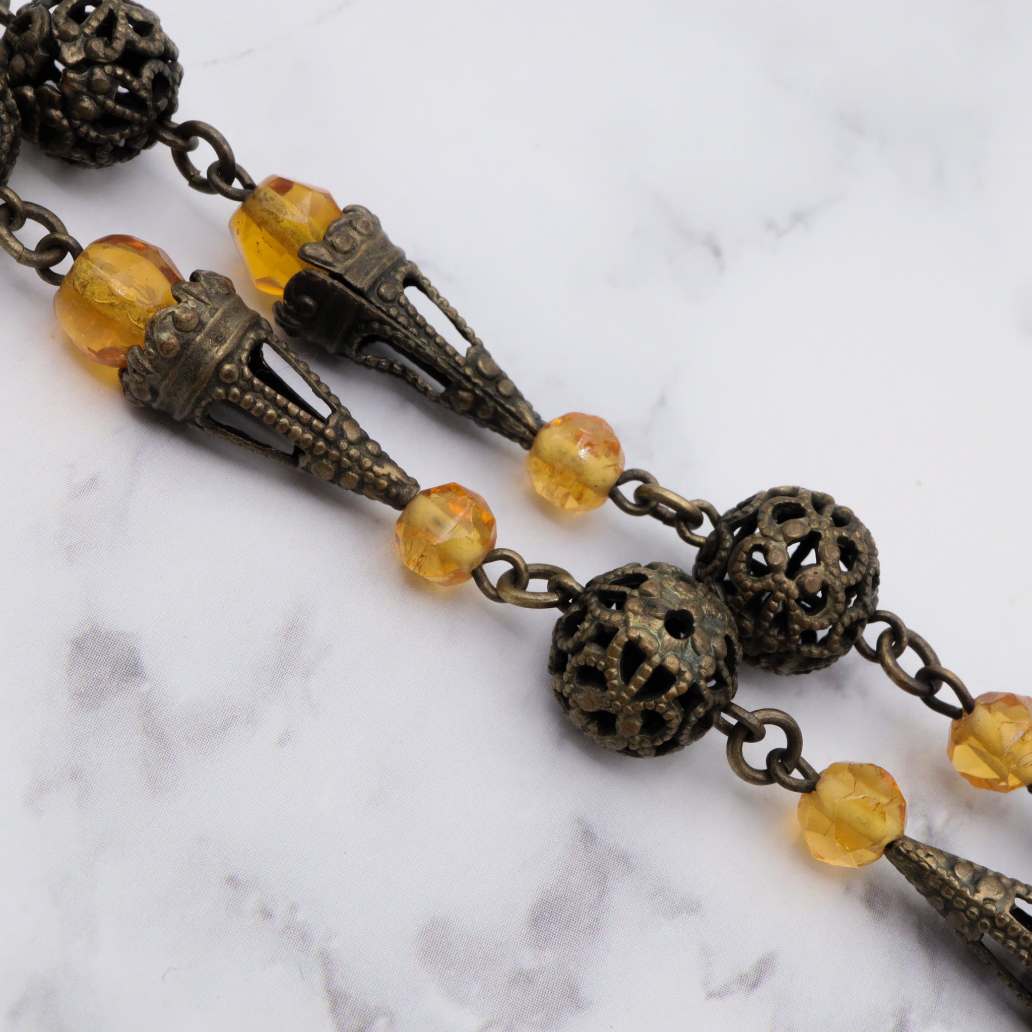 Antique Art Nouveau brass & amber glass necklace, 25"
